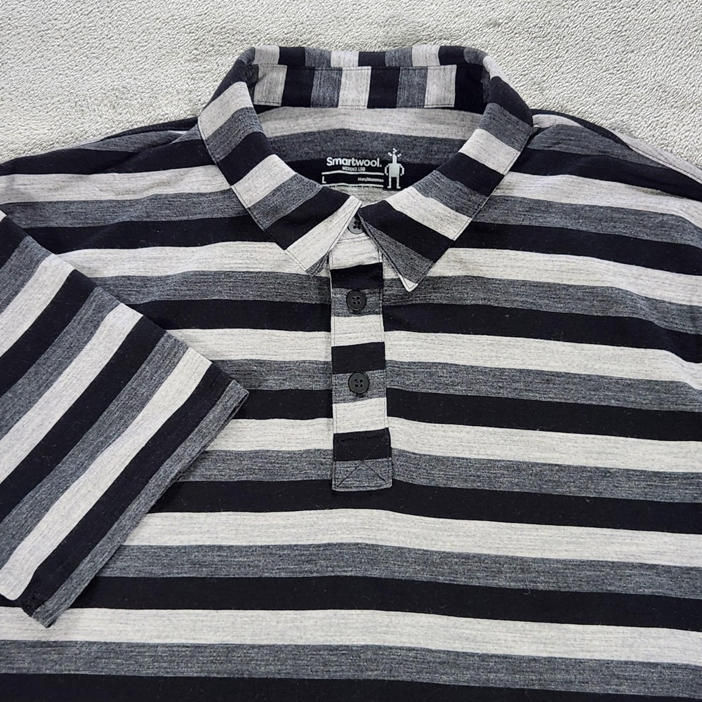 Smartwool Polo Shirt Mens Large Gray Stripe Merino 150 Wool‎ Short Sleeve